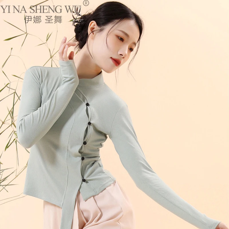 Women Chinese Traditional Top Classical Dance Long Sleeve Modern Dance Shirt Basic Training Tee Black Blouse Body Rhyme Garment