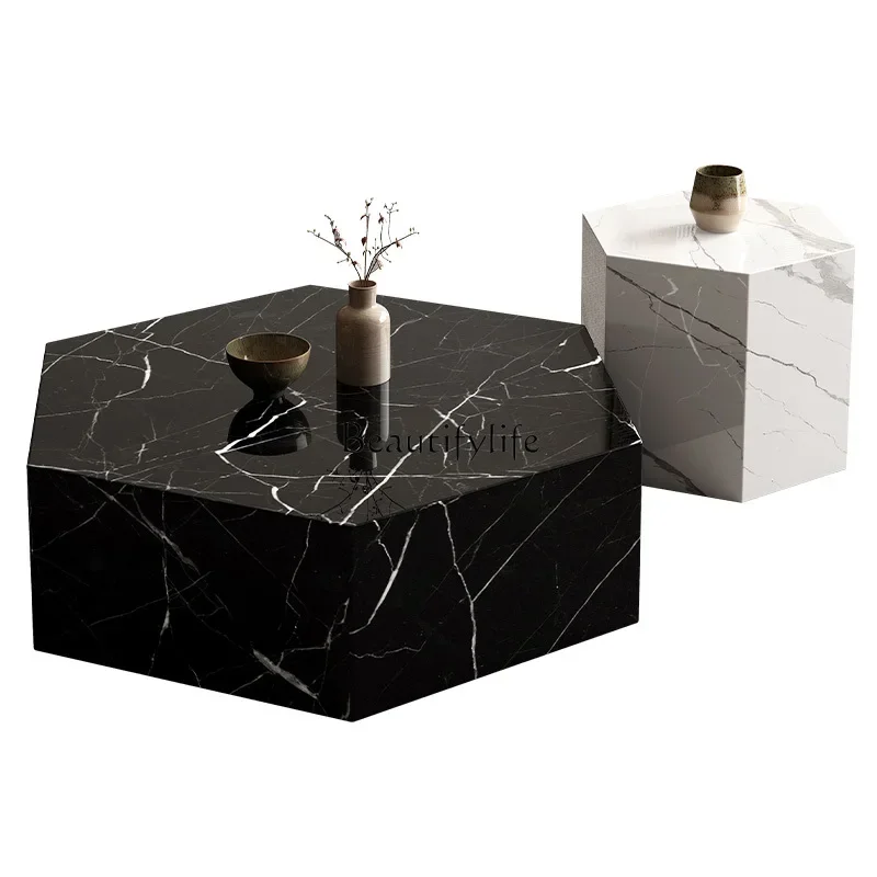 Italian minimalist rock slab hexagonal high and low coffee table combination