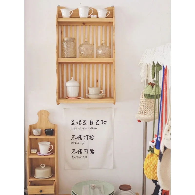 Shelves kitchen bottle storage racks Restaurant materials sundries cups and bowls chopsticks racks Wall hanging solid wood wall