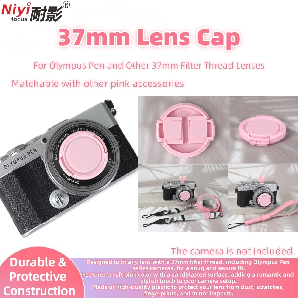 Tapa de Lente Rosa de 37mm, Cubierta de Zapata Caliente y Correa, Cubierta Protectora Adorable de Encaje Rápido para Olympus Pen y Otras Lentes con Rosca de Filtro de 37mm