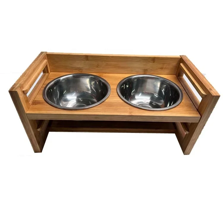 Height Adjustable Bamboo Dog Water Bowl Double Elevated Feeder Pet feeding bowl for Dogs