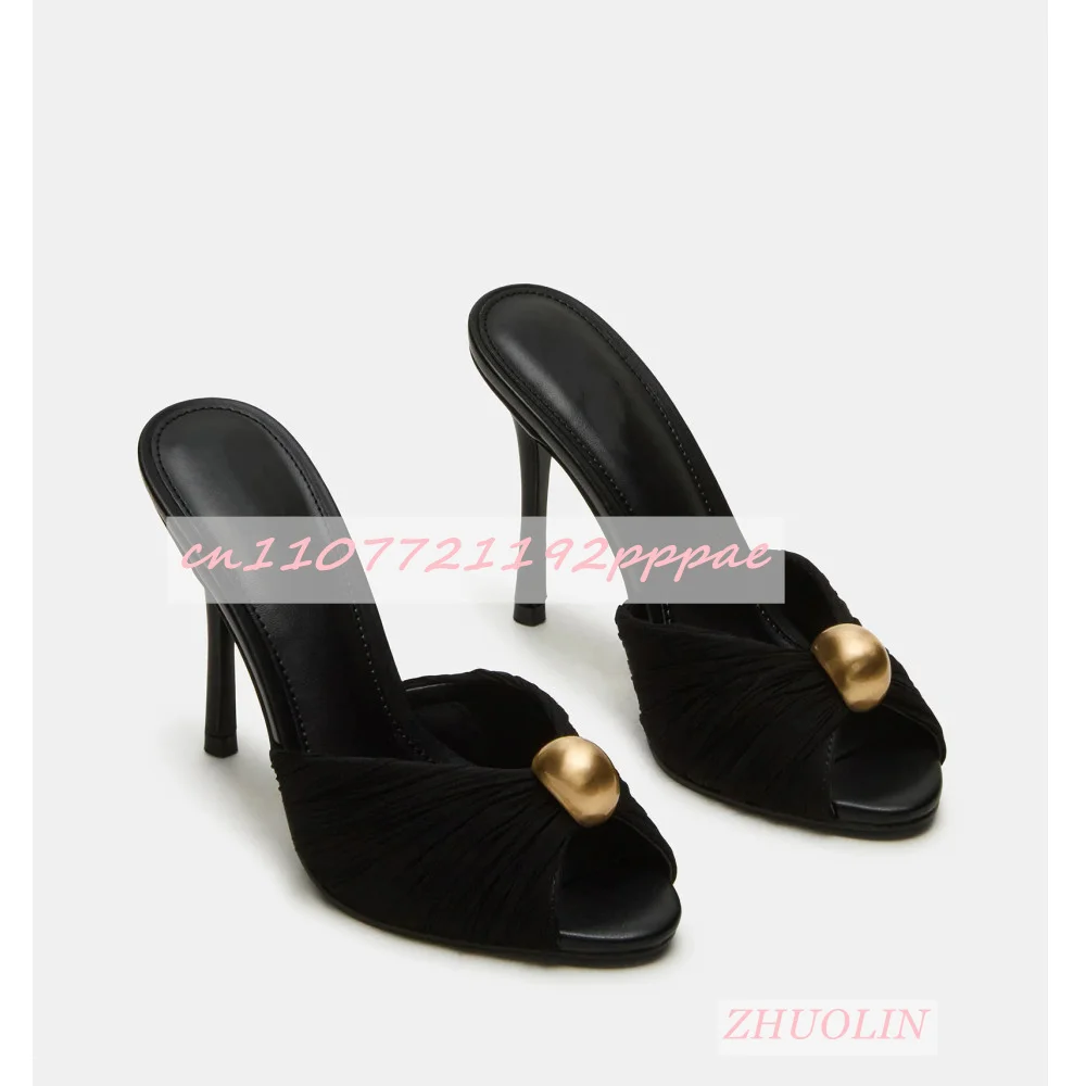 Summer Golden Button Sandals Slippers Fashion Open Toe Slip On Slippers Elegant Party Outerwear Evening High Heels Summer 8/10CM