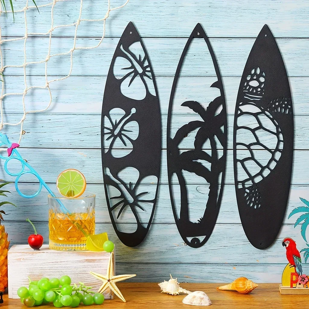 HELLOYOUNG Metal Surf Board Home Decor Metal Surfboard Beach Sign Bar Metal Novelty Surfboard Sign Tropical Surf Board Palm Tree