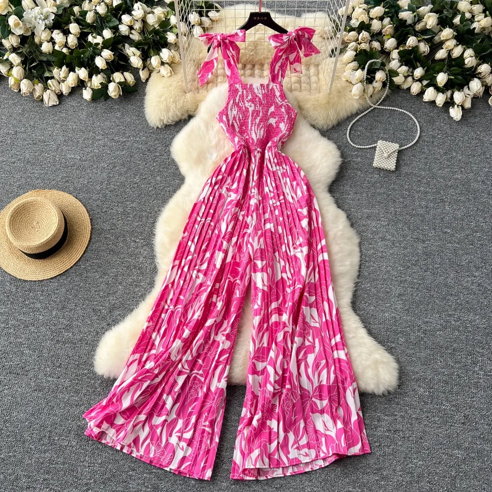 

Chic Vintage floral slip slim Top Jumpsuit Elegant High Waist pleated Wide Leg Pants Summer Women Playsuit