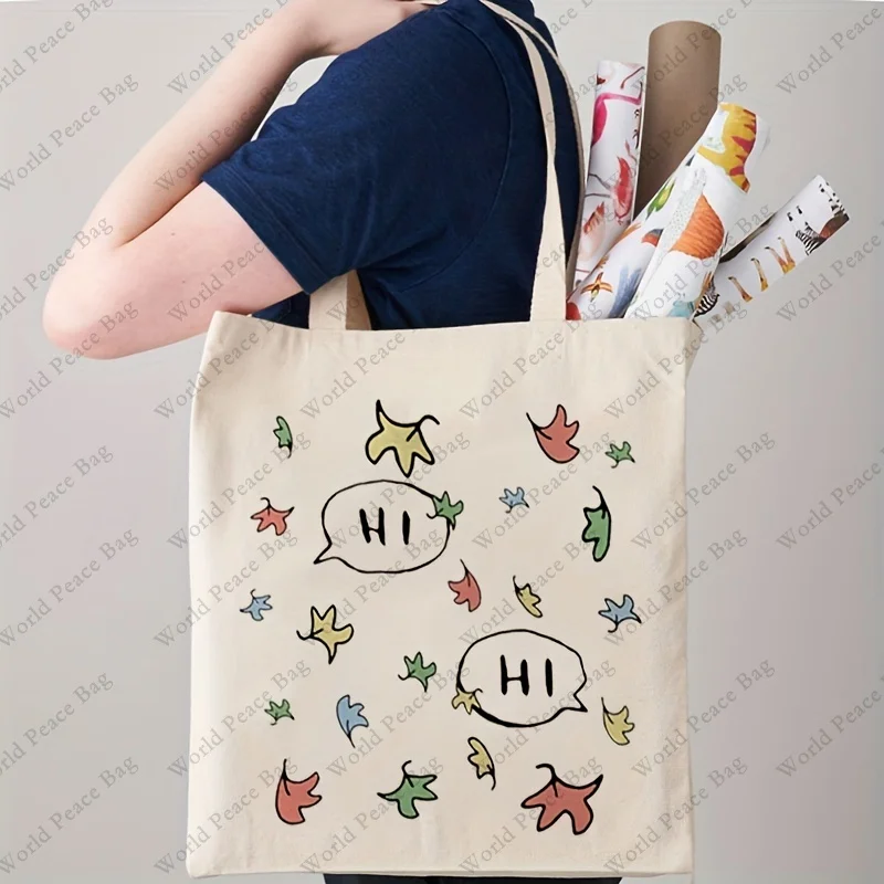 1pc hi pattern heartstop Canvas Shopping Bag, Portable Shoulder Bag, Trendy Large Capacity Tote Bag For Daily Life