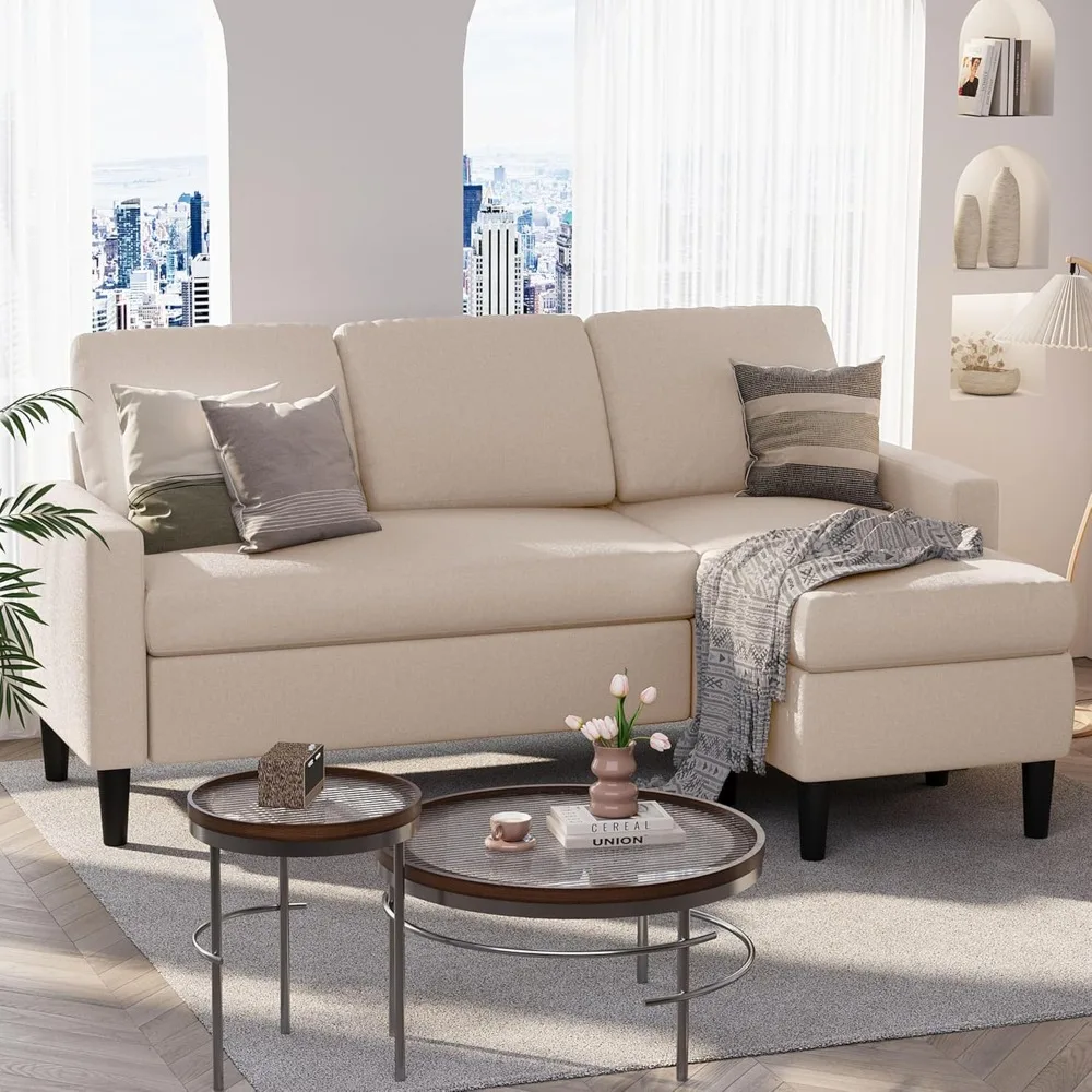 Sofá en forma de L para sala de estar, sofá pequeño combinado en forma de L, tela transpirable, chaise longue de doble cara, beige oscuro
