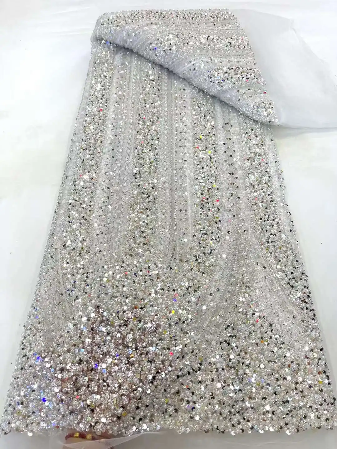 Luxury African Heavy Beaded 2024 High Quality Nigerian Sequins With Pearl Lace French Tulle Fabric For Party Dress Sew