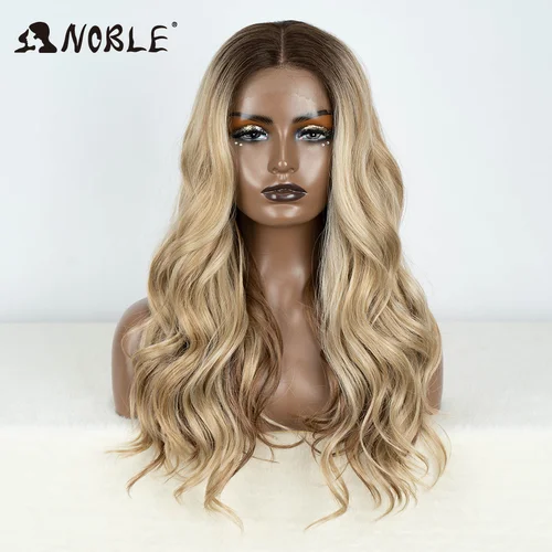 Imagen 2 del producto Noble-peluca sintética con malla frontal para mujer, pelo de bebé largo y ondulado de 24 "", color rubio degradado, para Cosplay