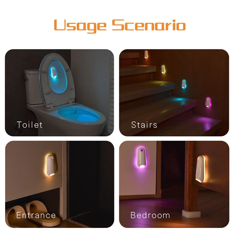 Proyector de luz nocturna LED con sensor de movimiento ABFI para pasillo de baño, lámpara de pared de inodoro recargable colorida