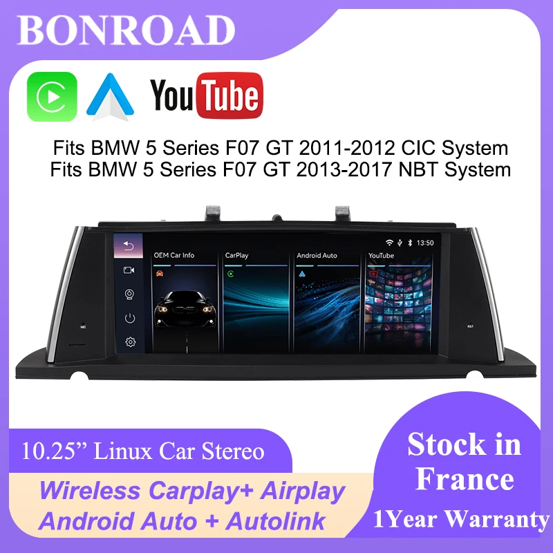 Bonroad 10.25" Linux Car Multimedia Player Radio For BMW 5 Series F07 GT 2011-2018 CIC NBT System Carplay AndroidAuto Mirrorlink