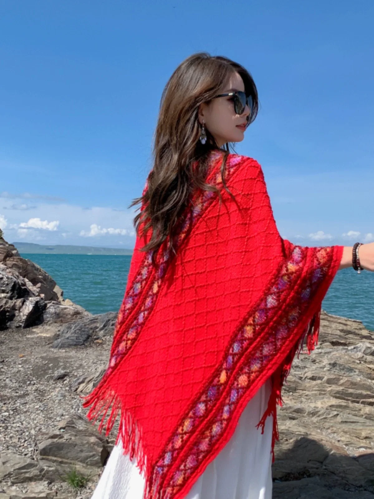 Imitation Cashmere Poncho for Women, Ethnic Style Knitting Wraps, Stripe Tassel Shawl, Warm Mongolian Fashion, Autumn and Winter