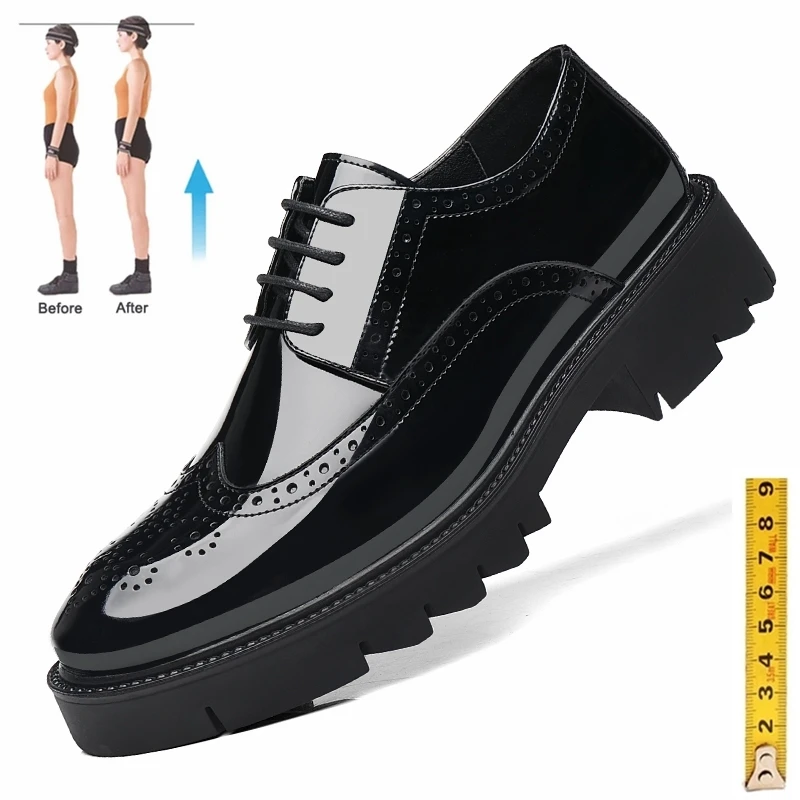 Platform High Heel 4/7/9 CM Height Increase Casual Men Brogue Patent Leather Shoe Man Oxford Dress Shoes Elevator Formal Wedding