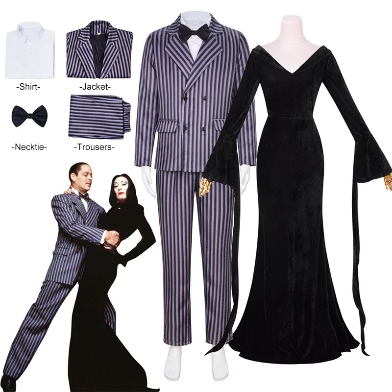 Wednesday Addams Costume Morticia Maxi Dress Long Sleeve Men's Gomez Cosplay Outfits Family Party Proms Halloween Suits