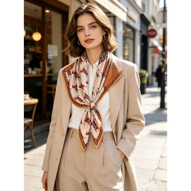 30% MULBERRY SILK 70% WOOL Square Shawl Vintage Horse Geometric Spliced Print Scarf Warm Caramel Neck Wrap Large Shoulder Scarf