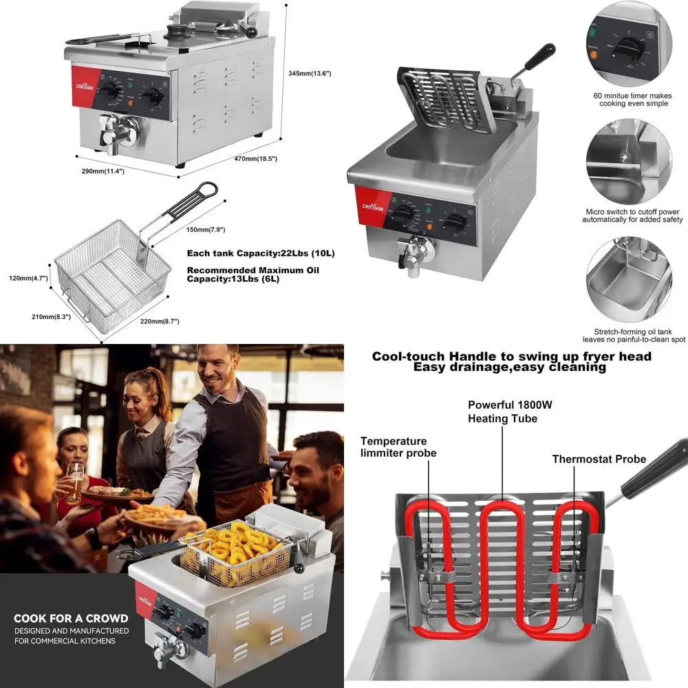 

Extra Large 6L Electric Deep Fryer with Drain, Timer, Basket, and Lid - 120V, 1800W for Commercial Use