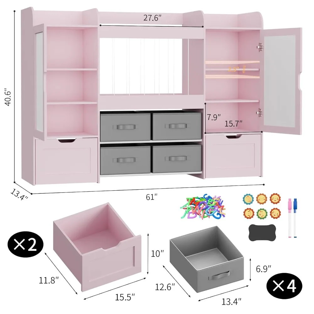 61 Inch Wooden Toy Organizer with Magnetic Boards and 6-Cube Bookshelf