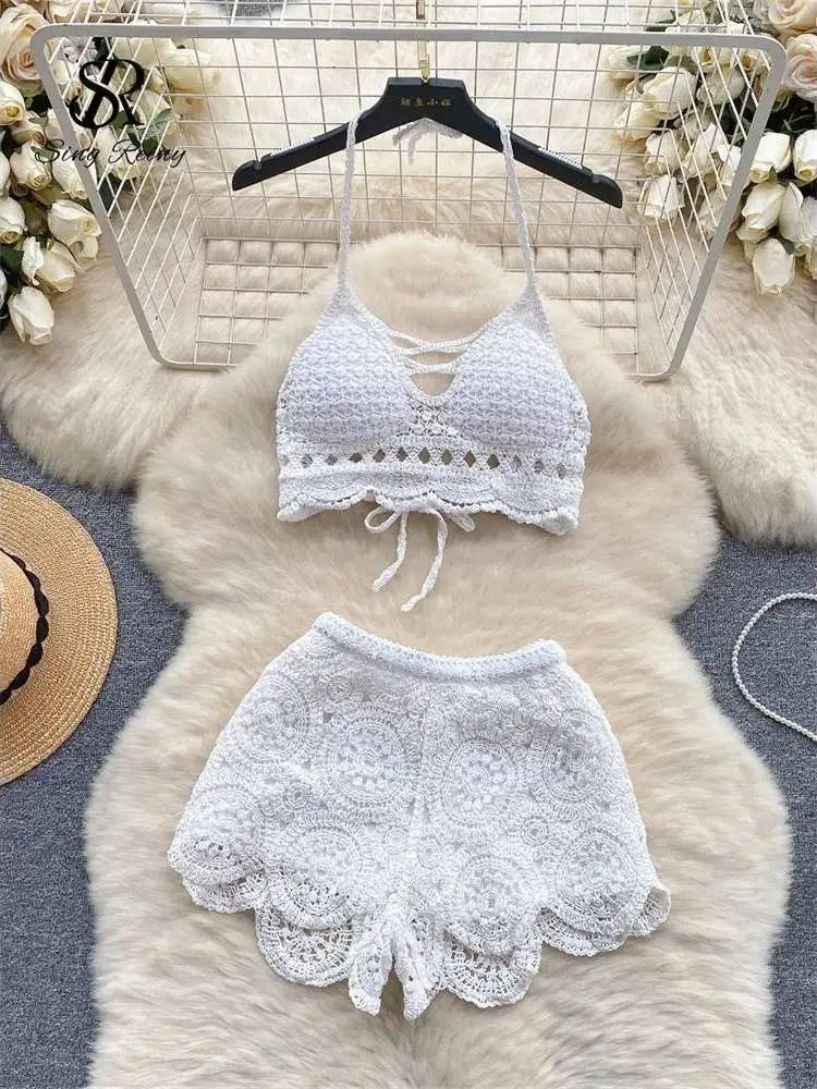 

SINEINY Knitted Beachwear Suit Bal Sexy Chic Tee-piece Set for Women Winter Season Faionable Ladies' Ensemble