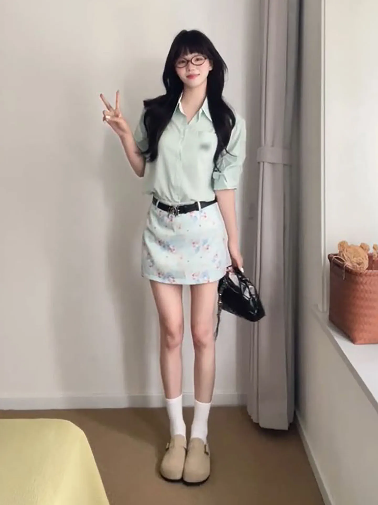 

Mint Green Summer Casual Shirt And Skirt Set Pure Color mid Sleeve Floral Oil Painting Print Wrap around Skirt Two Piece Suit