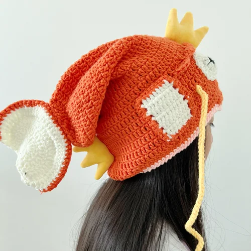 Gorro de cabeza de carpa de ganchillo de lana hecho a mano, divertido pez rey, gorro de pila cálido, gorro de punto Unisex para adultos