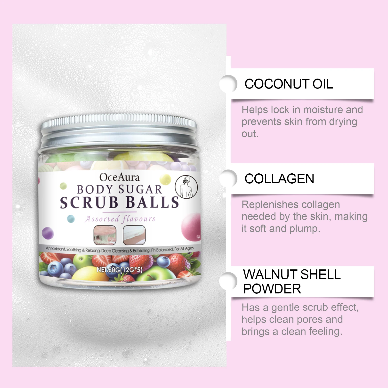 Natural Sugar Scrub Bath Bombs 5-Pack, Exfoliating & Moisturizing Body Scrub with Assorted Scents for Spa-Like Skin Renewal, 60g