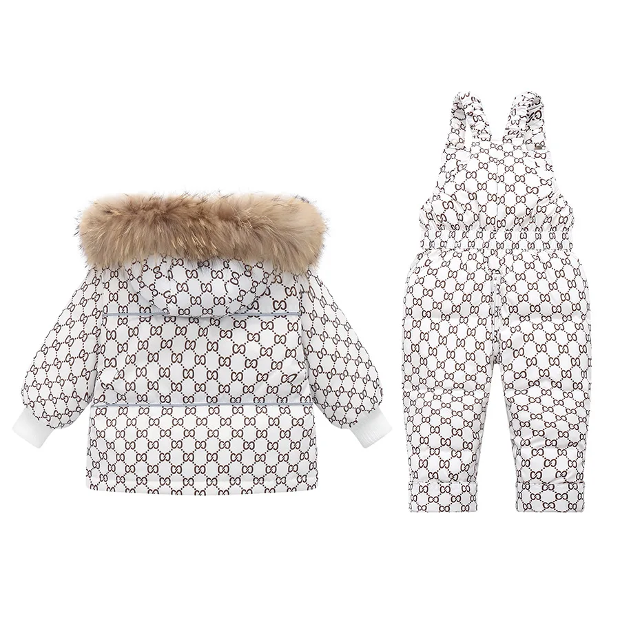 2023 Winter New 2 3 4 Years Baby Kids Clothing Thick Fur Hooded Jacket+Overalls Suit 2Pcs Duck Down Set for Kids Girls Boys