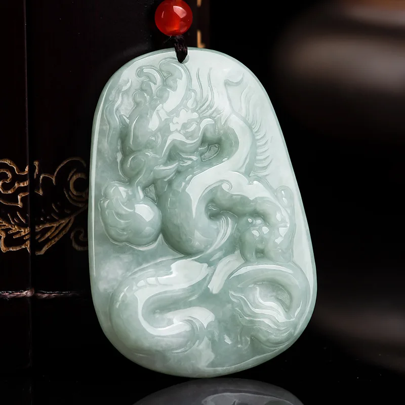 

Natural Myanmar A-grade Jadeite Light Green Dragon Pendant Flying Dragon in the Sky Ice-Clear Zircon Necklace for Men and Women