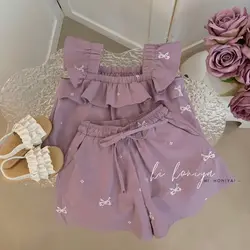 Fashion 1-8Y Kids Girls Clothing Set Tiered Tulle Solid Loose Tank Tops+Elastic Waist Stripe Print Shorts Children 2pcs Suits