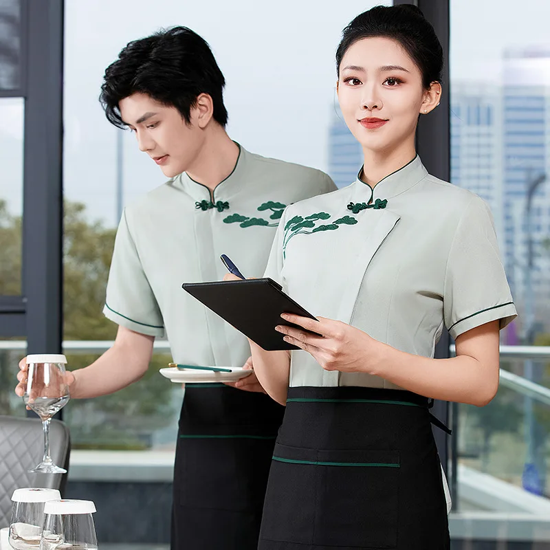Casa de chá restaurante garçom uniforme trabalho verão manga curta feminino estilo chinês hotel restaurante pote quente restaurante empregado un