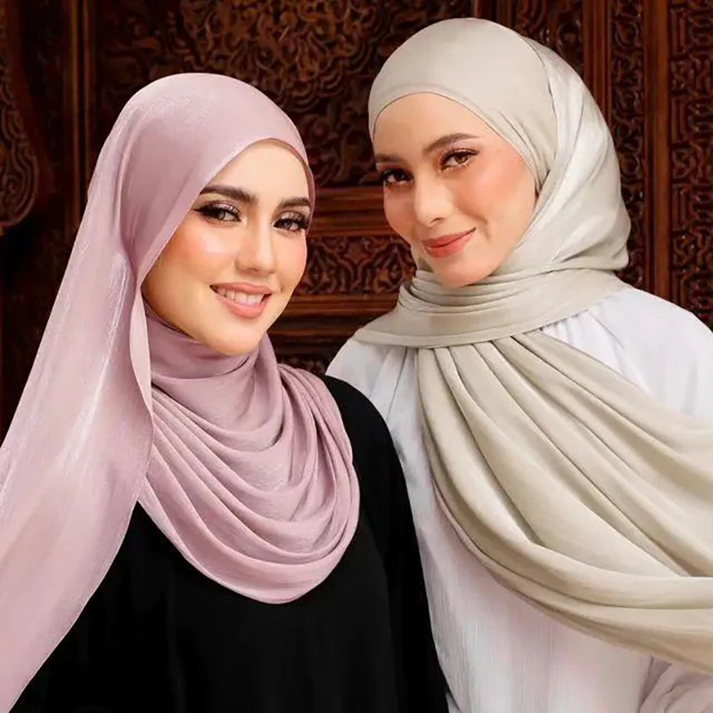 Effen Shimmer Zijden Sjaal Sjaal Zacht Satijn Crêpe Hijab Vrouwen Moslim Hoofddoek Licht Gewicht Malaysia Sjaal Wraps 180*70Cm