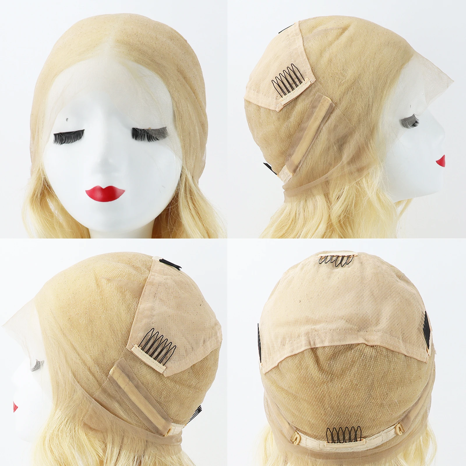 شعر مستعار دانتيل كامل # 613 شعر أوروبي مموج أشقر فاتح مع شريط مطاطي خط شعر طبيعي ناعم وجيد التهوية للنساء