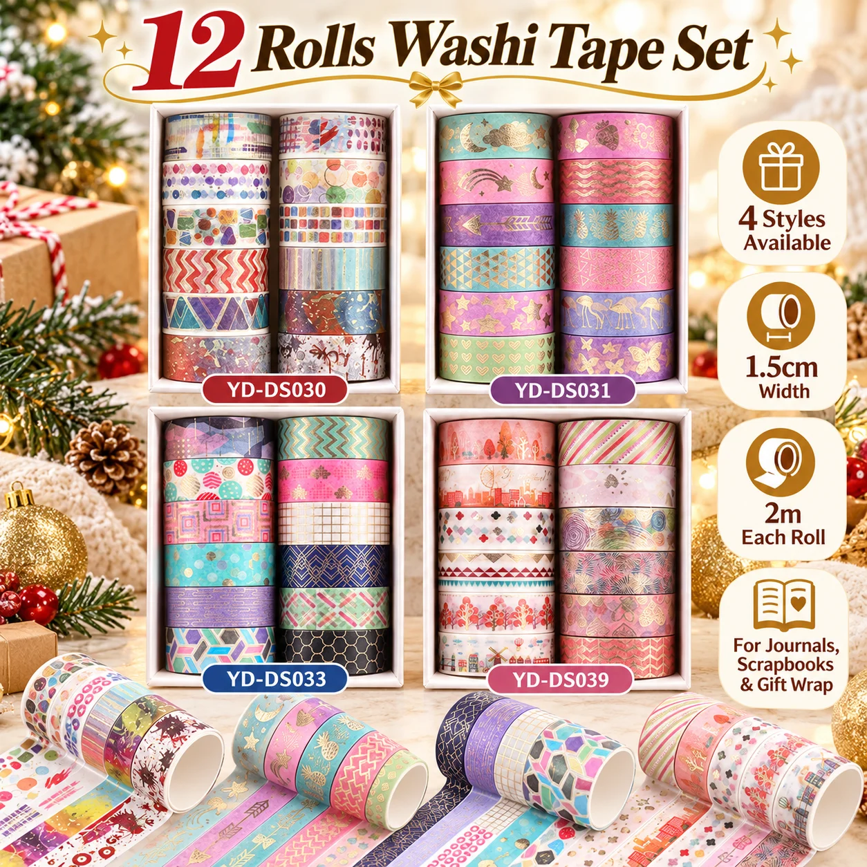 12 Rolls Christmas Gold Foil Washi Tape, 1.5cm x 2m 4 Styles for Journal Scrapbook DIY Gift Wrap Craft Holiday Home Decor