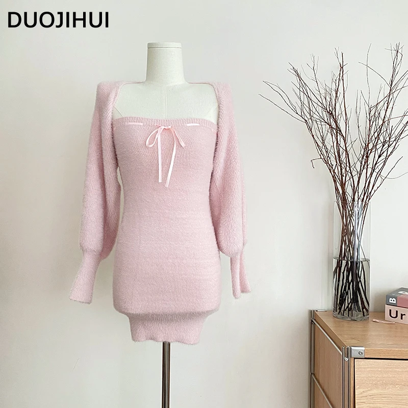 DUOJIHUI Two Piece Pink Sweet Women\'s Dresses Korean Style Knitting Soft Chic Bow Canshoulder Blast Pure Color Female Mini Dress