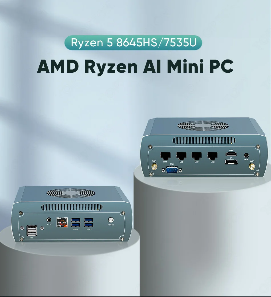 Topton Metal AMD Firewall Mini PC Ryzen 5 8645HS 7640HS 7535U 4x 2.5G LAN 2xNVMe DB9 COM Industrial NAS Computer PfSense Proxmox
