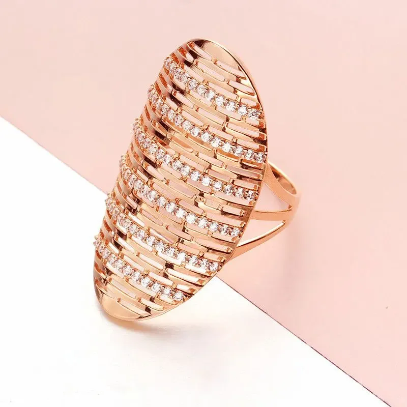 585 purple gold exaggerated diamond inlaid design oval sweet 14K rose gold rings for women high-grade Hollow-out luxury jewelry