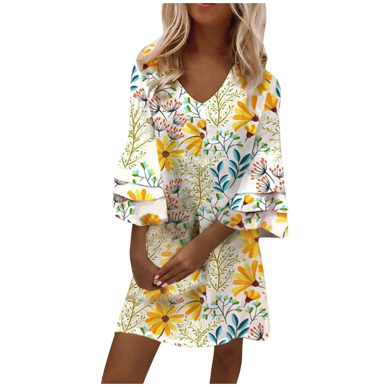 Summer Elegant Ruffle Sleeve Dress Fashion Women Casual Flower Print V-neck miniskirt Women Loose Bohemian Beach Dress Tank Top