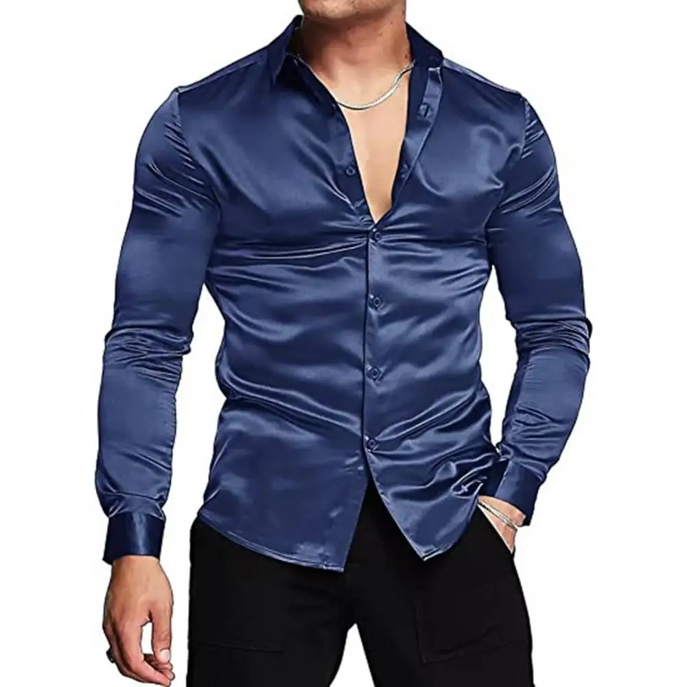 Men Shirt Comfortable Men Shirt Stylish Men's Slim Fit Satin Shirts Solid Color Lapel Tops with Long Sleeves Button for Casual