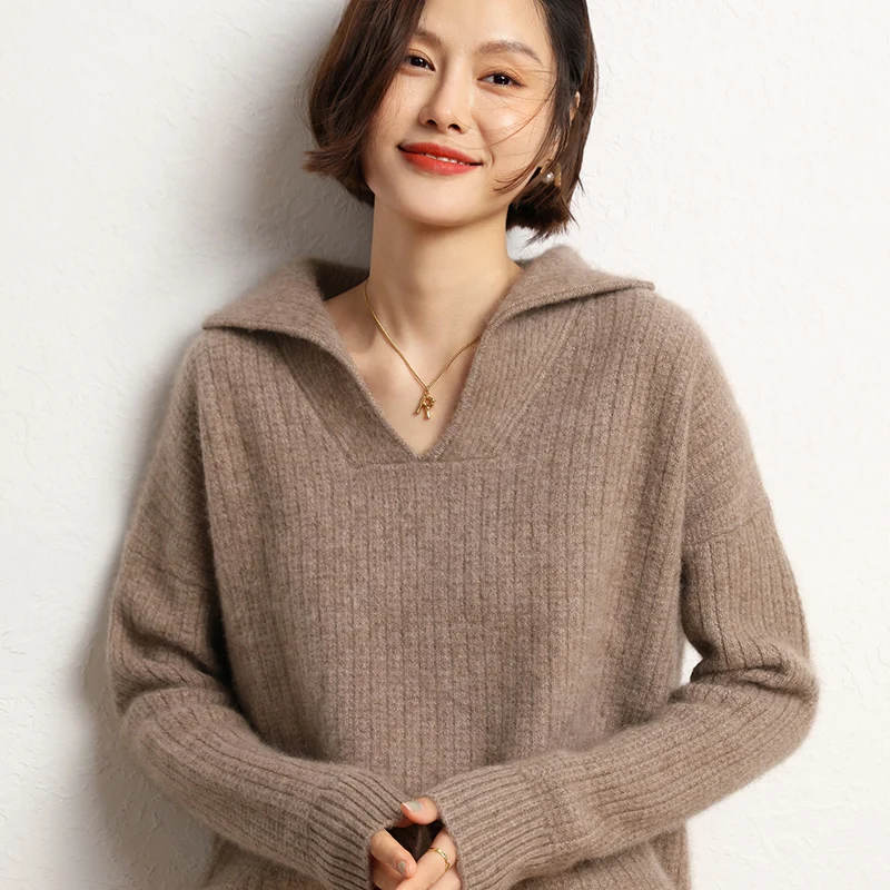 2023 Autumn Winter 100% Cashmere Sweater Turn-down Collar Knit Pullover Women\'s High Quality Soft Female Loose Large Size Jumper