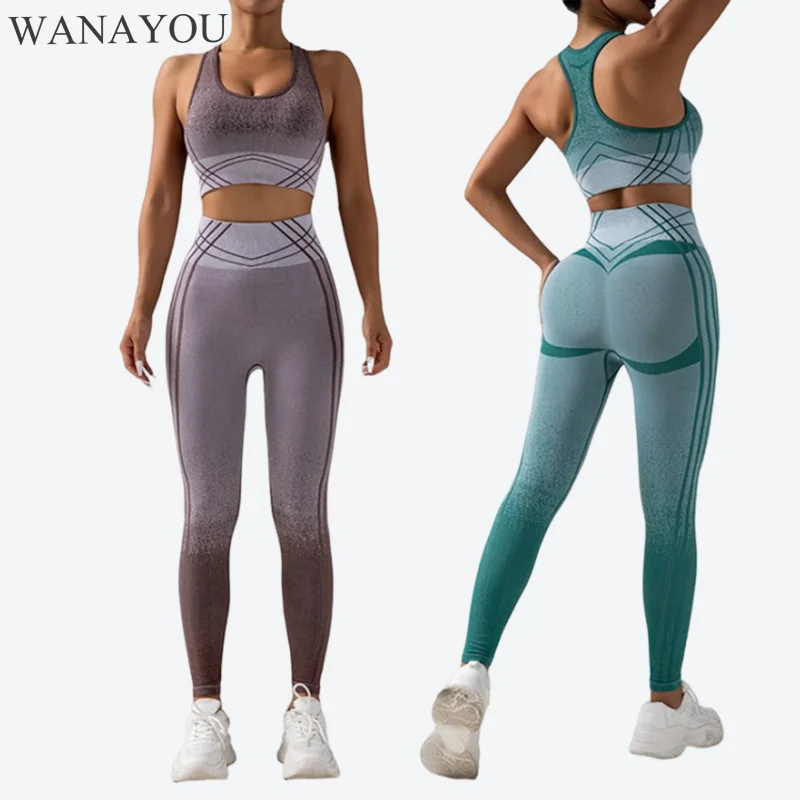 

WANAYOU Women Seamless Gradient Yoga Suit Peach Hip High Waist Fitness Pants High Elastic Sports Bras Yoga Leggings Sports Suits