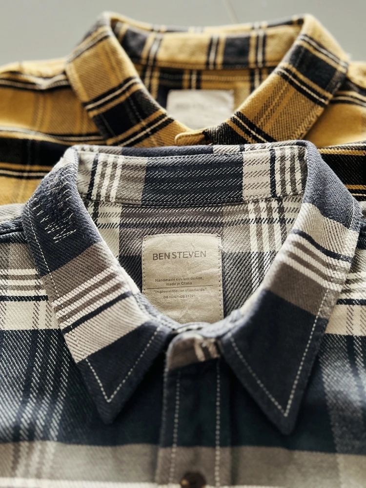 

BENS BOWWOW Japanese Style Wide Heavyweight Worn out Plaid Shirt Cotton Long Sleeve Men's Casual Shirt Vintage Checkered Top