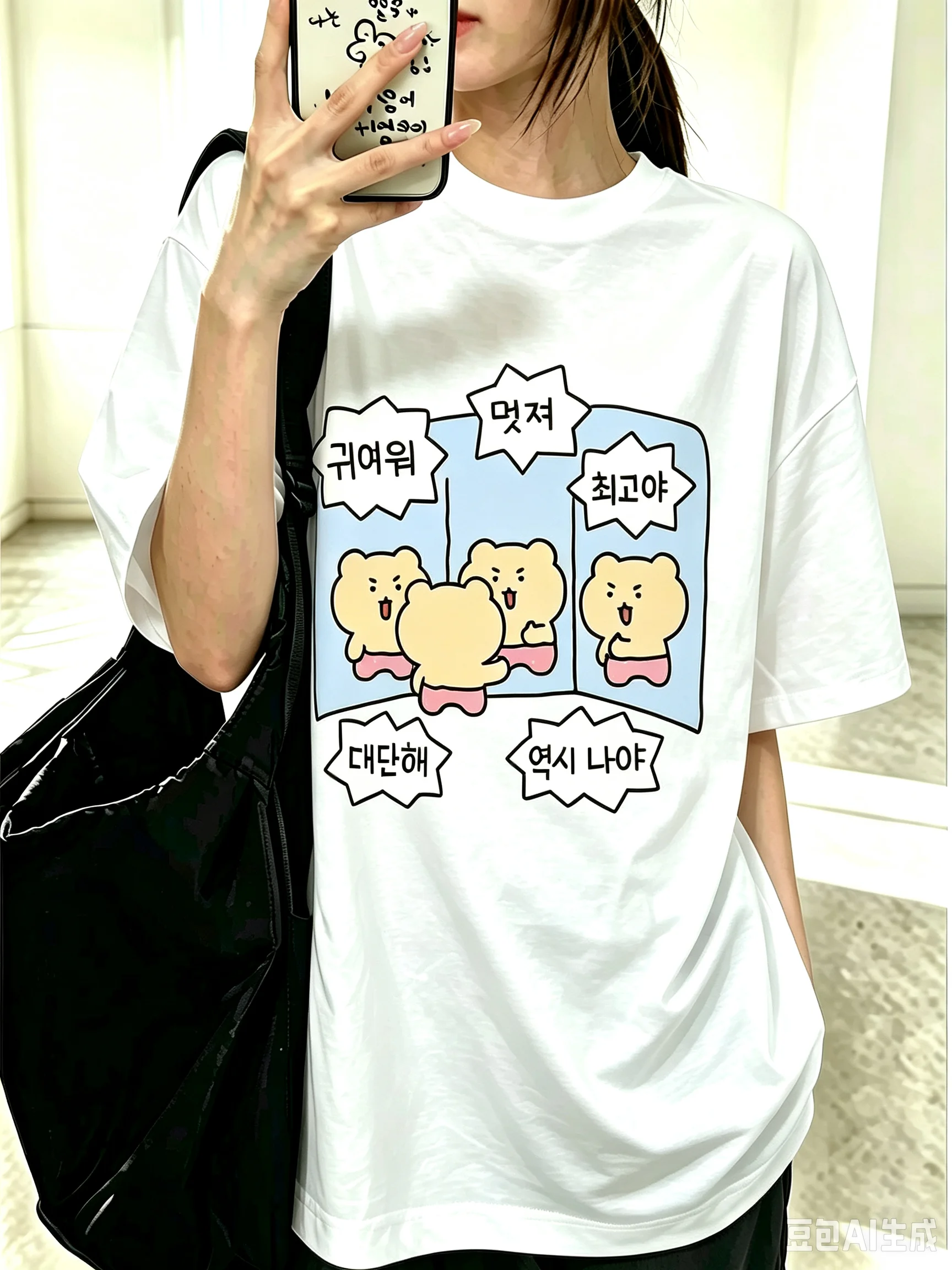 2026 Cute Bear Mirror Comic Graphic T‑Shirt Speech Bubble Korean Letter Print Short Sleeve Kawaii Casual Streetwear Cotton Tops