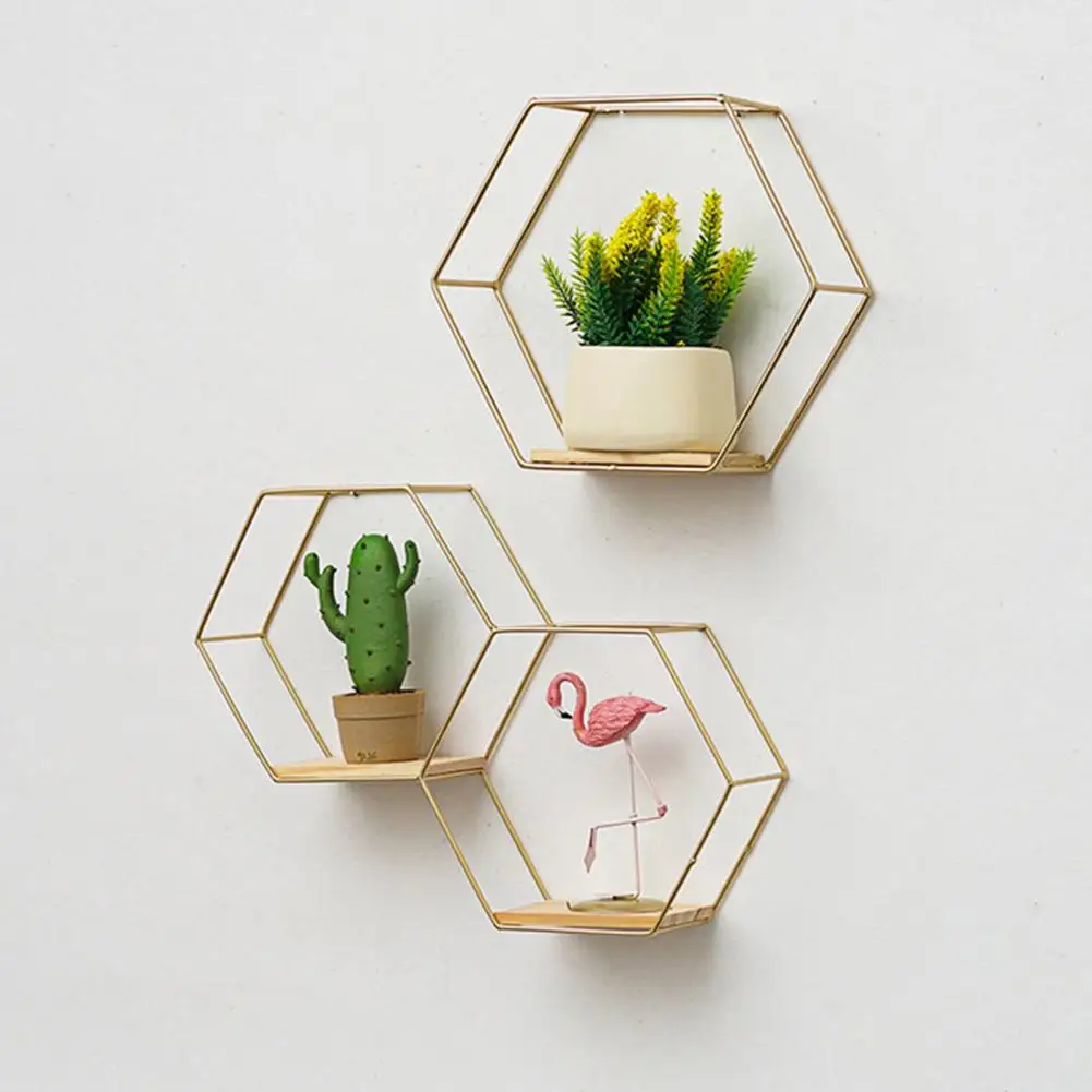 Nordic Style Stand Iron Storage Holder Wall-mounted Multifunctional Geometric Firm Hexagonal Shelf for Home Decorative