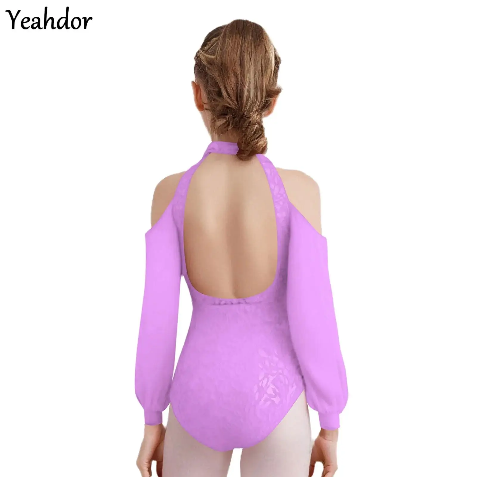 

Girls Lace Ballet Dance Leotard Figure Skating Costume Mock Neck Cold Shoulder Sheer Mesh Long Sleeves Yoga Gymnastics Bodysuit