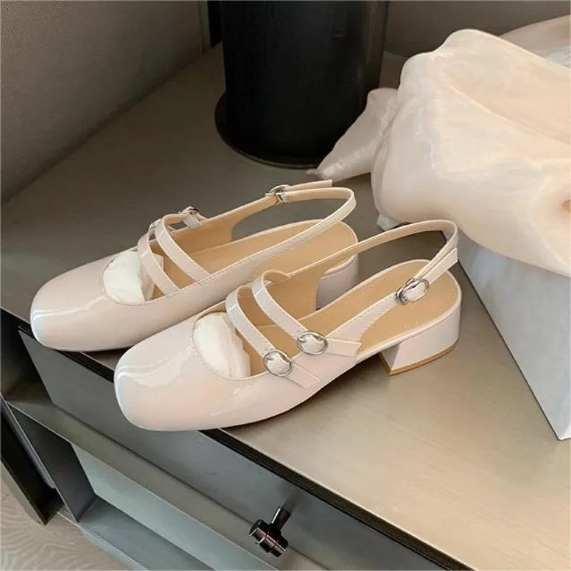 Ladies Shoes 2025 High Quality Patent Leather High Heels Sandals Two Buckle Coarse Following Single Shoes Femme Lolita Footwear