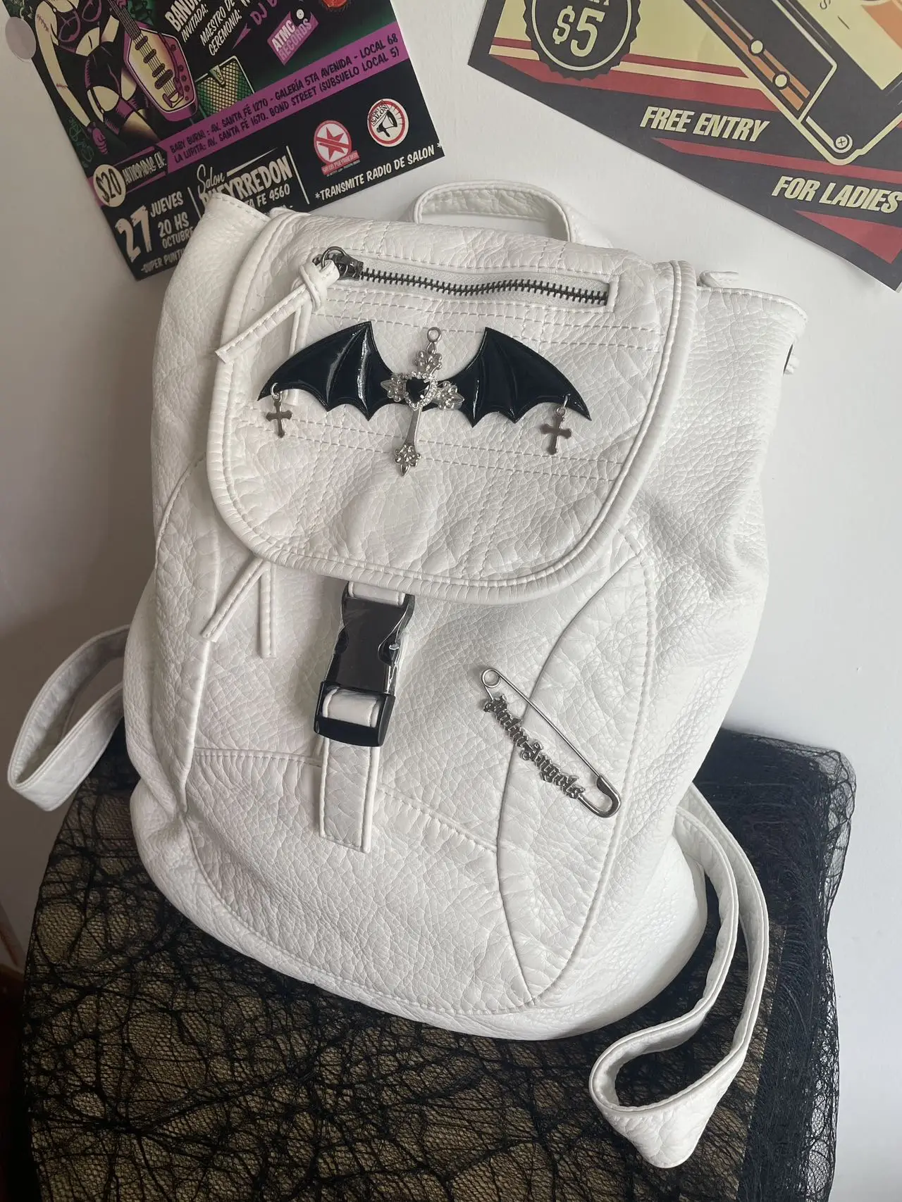 Gothic Black Wings Backpacks for Women's String Rope Backpack Vintage White Leather Backpack