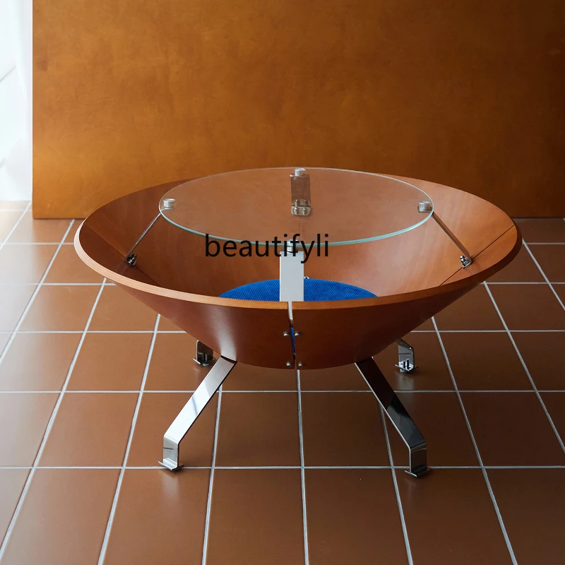 

Round coffee table, glass retro low table, medieval small apartment, Nordic tea table, living room storage
