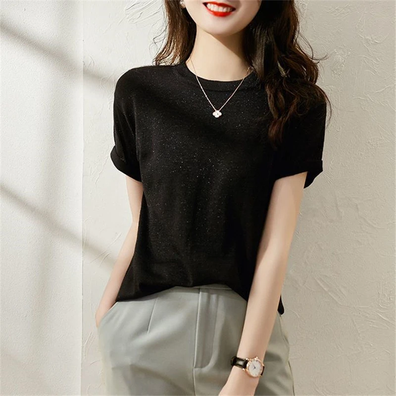 Women Clothes Bright Silk Elegant Thin Ice Silk Basic Knitted T Shirt Summer Fashion O Neck Short Sleeve Chic Pullover Knit Tops