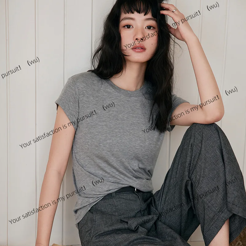 

Летняя шерстяная футболка Tencel с короткими рукавами, женская футболка с круглым вырезом, облегающий однотонный удобный топ с одним рукавом