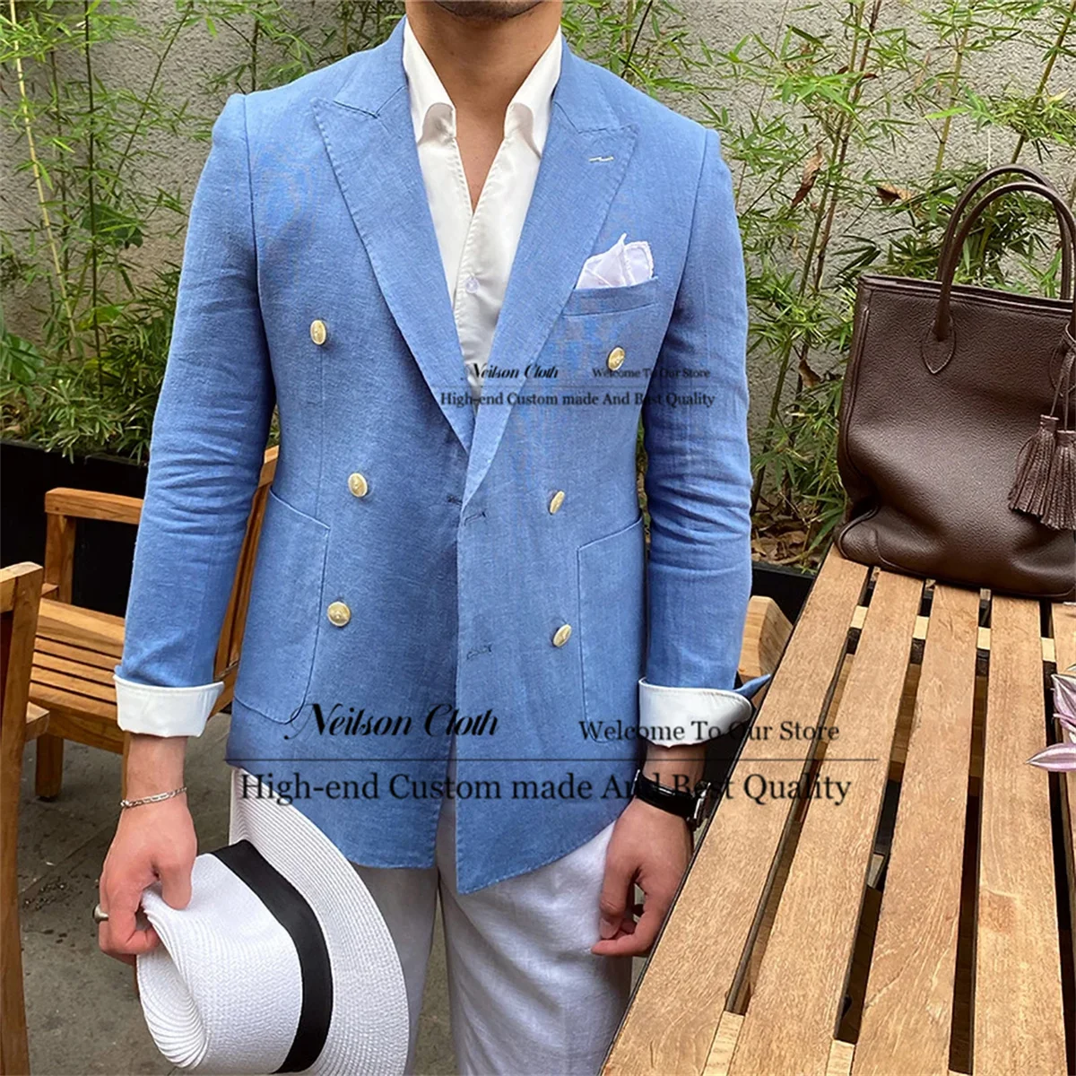 Formal Linen Peaked Lapel Male Prom Blazers 2 Pieces Sets Double Breasted Wedding Suits For Men Slim Fit Groomsmen Costume Homme