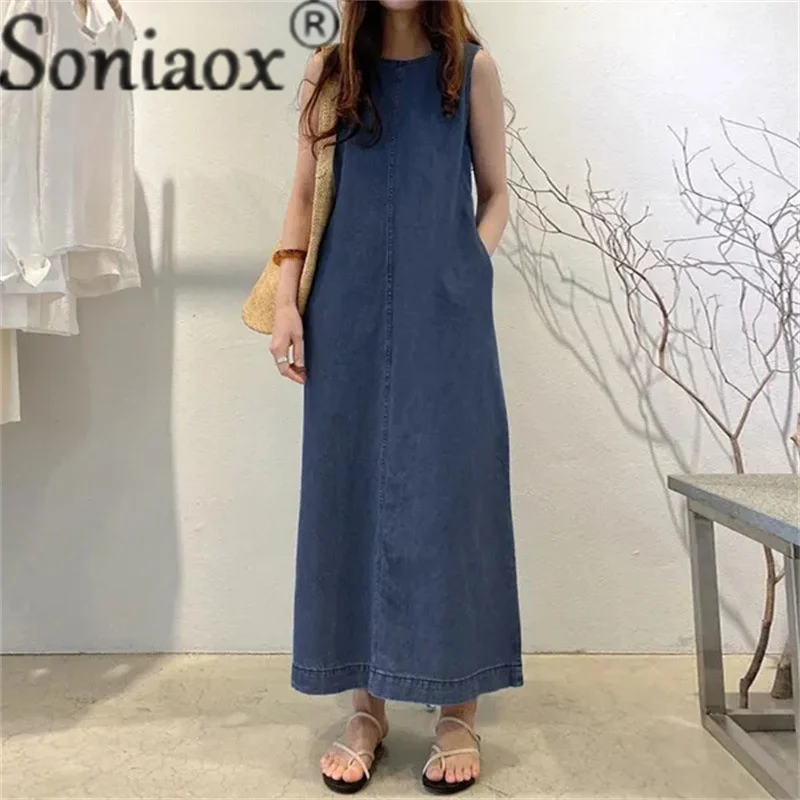 Mode ärmellose ladylike Stil Denim Kleid Frauen lose Taille Rundhals ausschnitt Tasche elegante weibliche Sommer Pendler lässige Weste Kleid