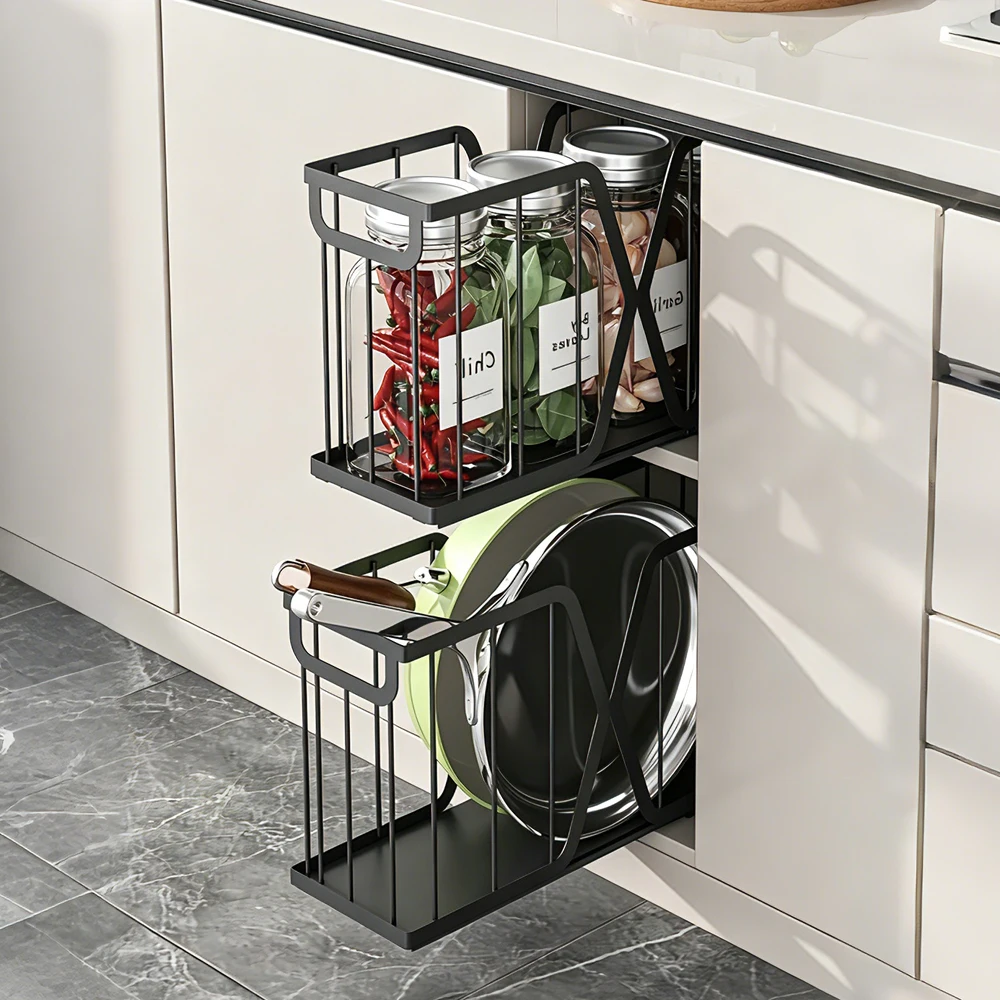 Image of 2er-Set Ausziehbarer Schrankkorb 14cm Schmaler Spülbeckenauszug Küchenorganizer für Gewürzgläser, Bratpfannen, Toilettenartikel, Schneidebretter